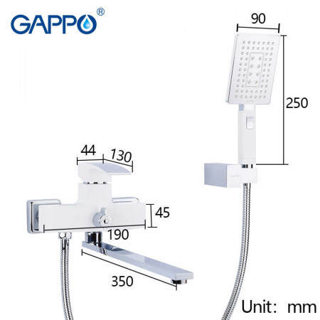 Смеситель для ванны GAPPO G2207-7 однорычажный, длинный плоский излив 350, хром/белый